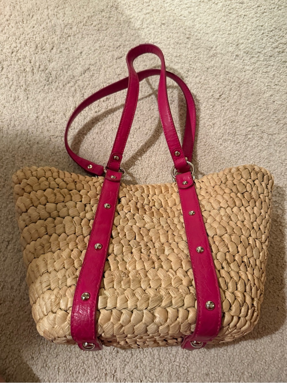 Woven Straw Tote with Pink Shoulder Straps